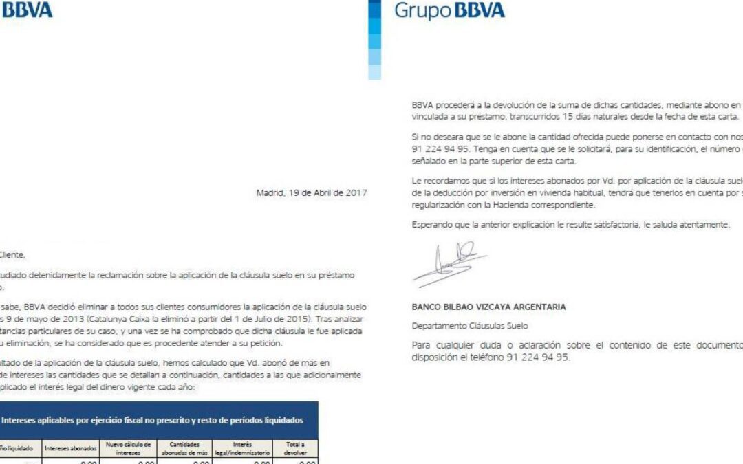 BBVA se aviene a devolver por primera vez las cláusulas suelo previas a mayo de 2013